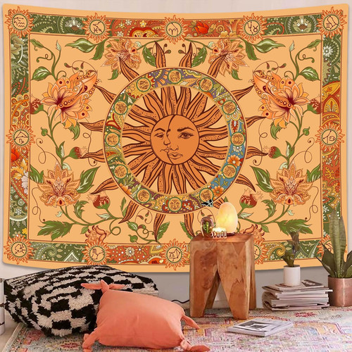 Yellow sun and moon tapestry - yellow,