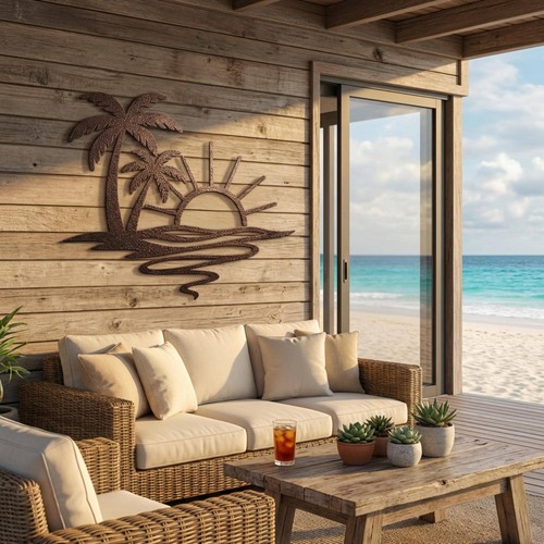 Palm tree sunset metal wall - tree,